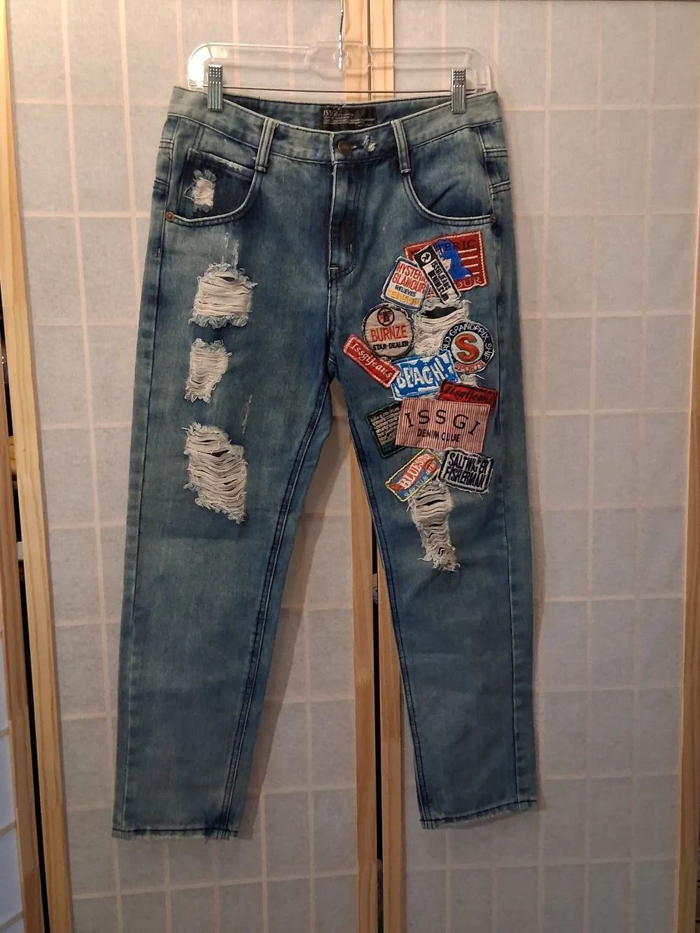 Light Blue Patchwork Straight-Leg Jeans with Distressed Details